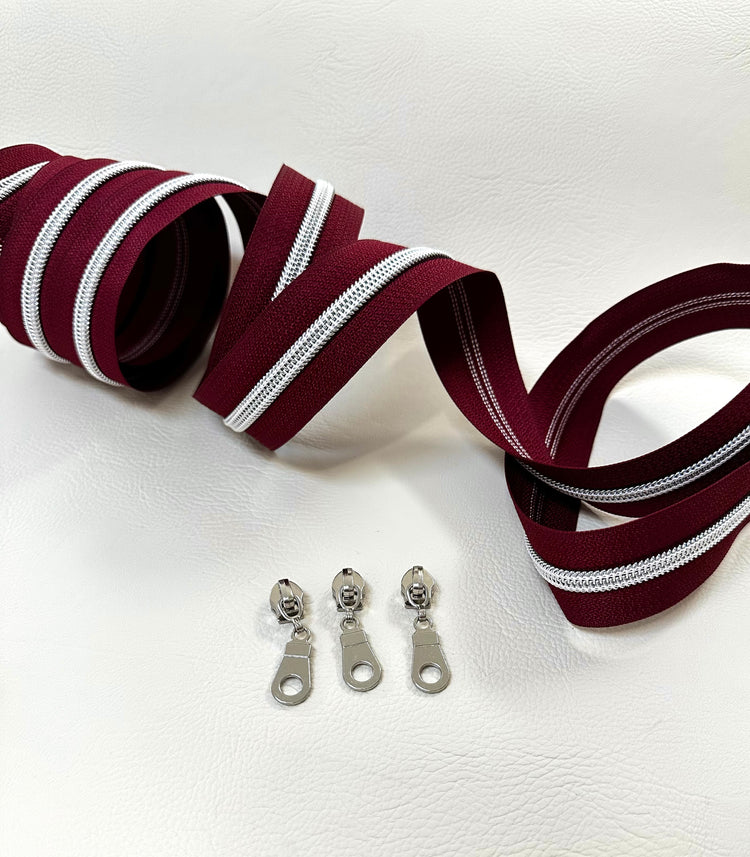 #5 Zipper - merlot tape and silver coil