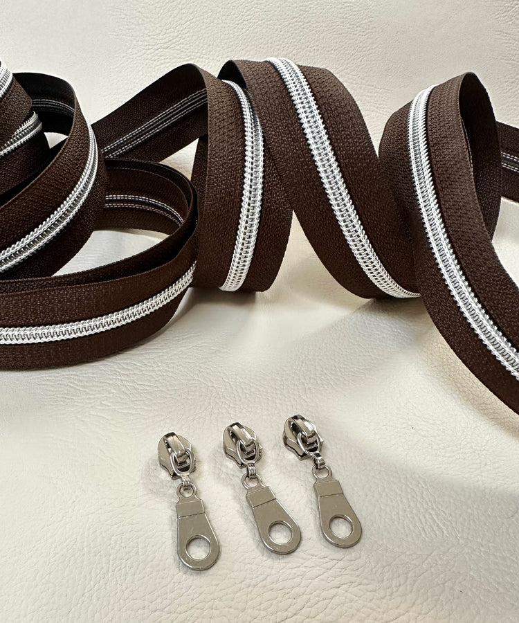 #5 Zipper - brown tape and silver coil