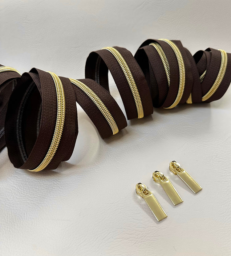 #5 Zipper + 3 pulls - brown tape and gold coil