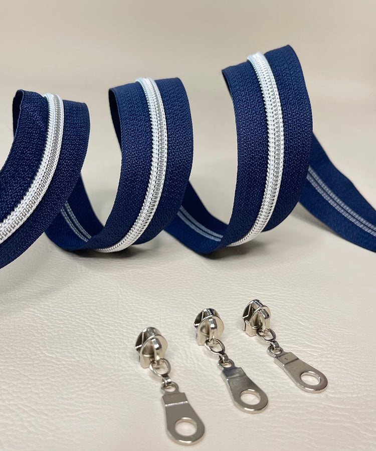 #5 Zipper - navy blue tape and silver coil