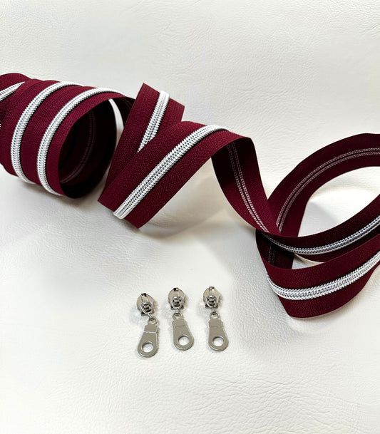 #5 Zipper - merlot tape and silver coil