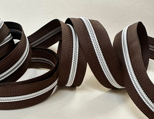 #5 Zipper -  brown tape and silver coil