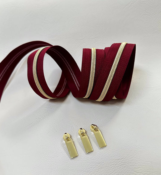 #5 Zipper - merlot tape and gold coil