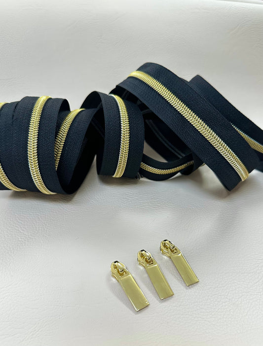 #5 Zipper + 3 pulls - dark navy blue tape and gold coil