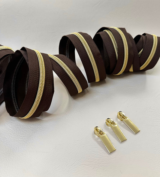 #5 Zipper + 3 pulls - brown tape and gold coil