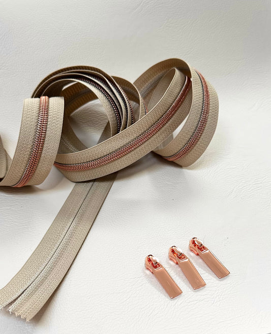 #5 Zipper - latte tape and rose gold coil