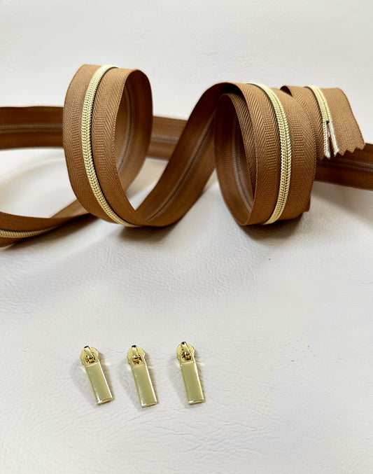 #3 Zipper + 3 pulls - taupe tape and gold coil