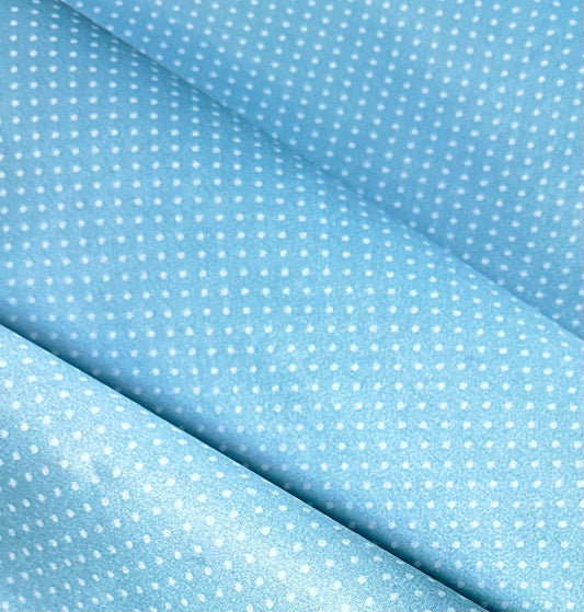 Pre-interfaced Satin Lining Fabric - Light Blue Polka Dot