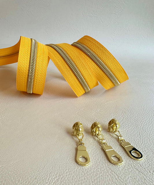 #5 Zipper + 3 pulls - canary yellow tape and gold coil