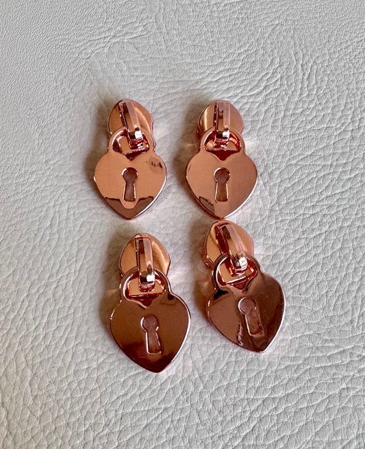 Set of 4 Heart lock zipper pulls in rose gold