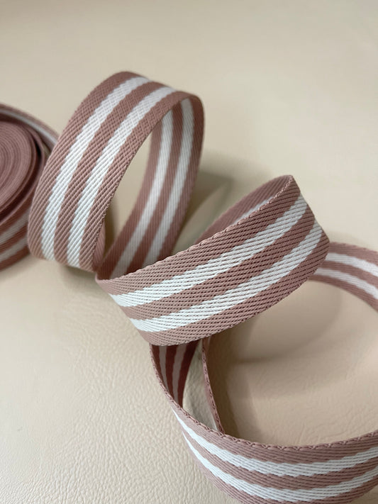 1 1/4" Rose pink and white striped webbing