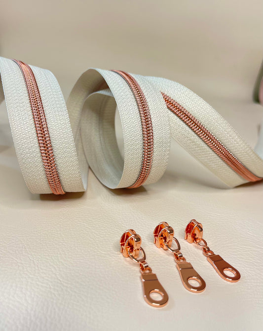 #5 Zipper - beige tape and rose gold coil