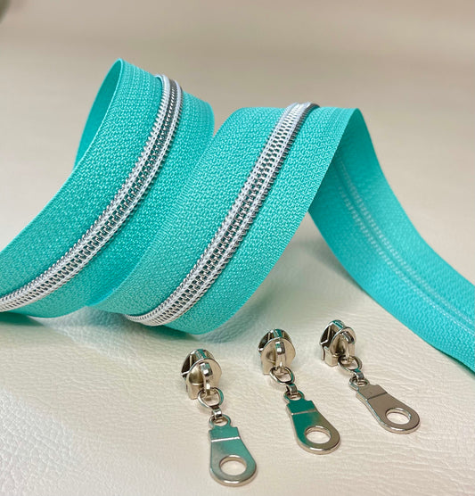 #5 Zipper - teal tape and silver coil