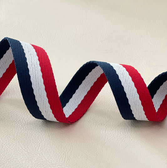 1 1/4" wide Red, white and blue stripe webbing
