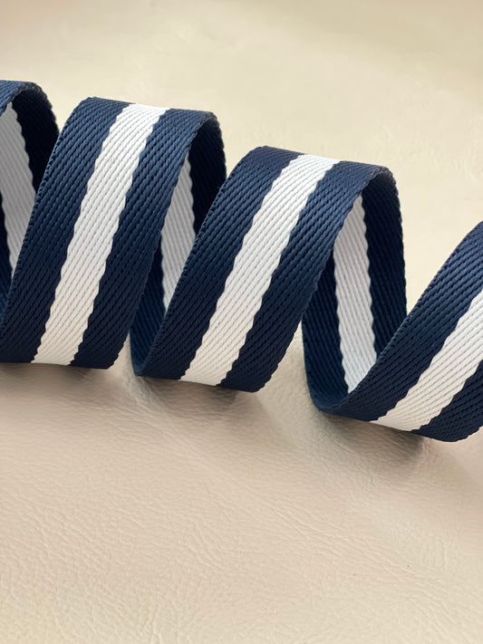 1 1/4" wide Navy blue and white stripe webbing